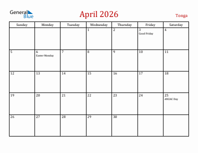 Current month calendar with Tonga holidays for April 2026