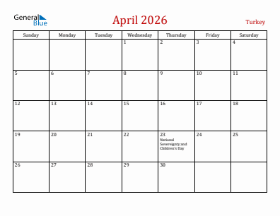 Current month calendar with Turkey holidays for April 2026