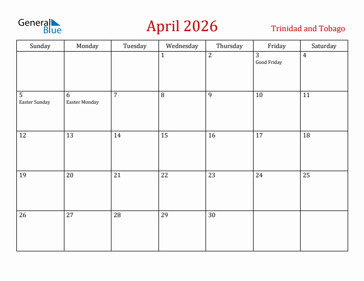 Trinidad and Tobago April 2026 Calendar - Sunday Start
