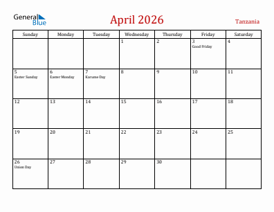 Current month calendar with Tanzania holidays for April 2026