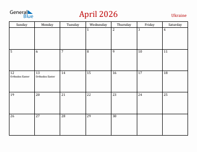 Current month calendar with Ukraine holidays for April 2026
