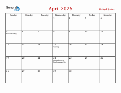 Current month calendar with United States holidays for April 2026