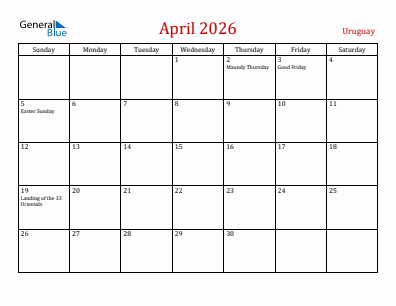 Current month calendar with Uruguay holidays for April 2026