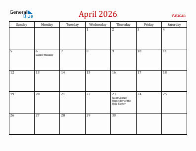 Current month calendar with Vatican holidays for April 2026