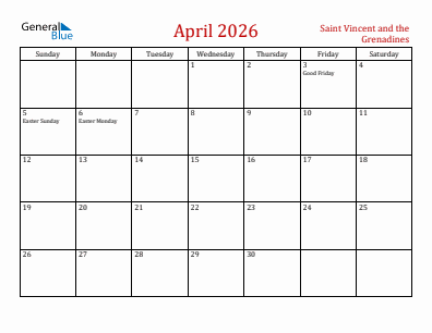 Current month calendar with Saint Vincent and the Grenadines holidays for April 2026