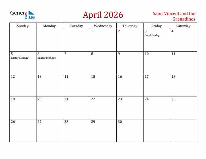 Saint Vincent and the Grenadines April 2026 Calendar - Sunday Start