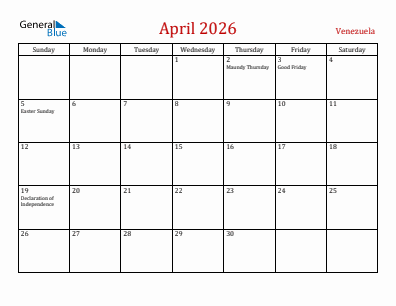 Current month calendar with Venezuela holidays for April 2026