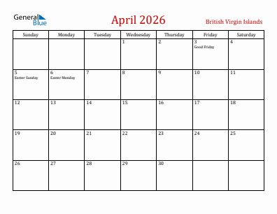 Current month calendar with British Virgin Islands holidays for April 2026