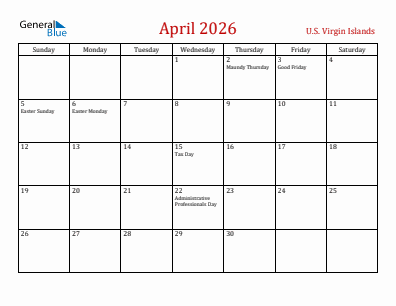 Current month calendar with U.S. Virgin Islands holidays for April 2026