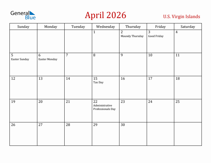 U.S. Virgin Islands April 2026 Calendar - Sunday Start