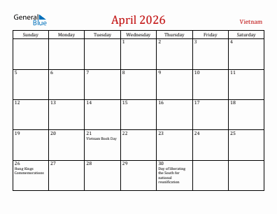 Current month calendar with Vietnam holidays for April 2026