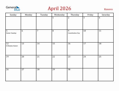 Current month calendar with Kosovo holidays for April 2026