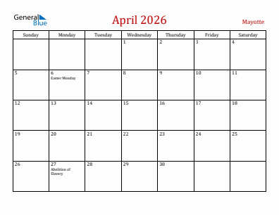 Current month calendar with Mayotte holidays for April 2026