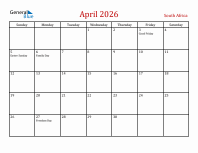 Current month calendar with South Africa holidays for April 2026