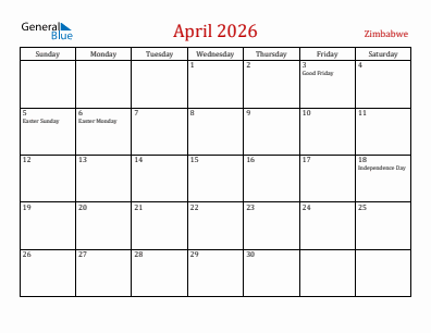Current month calendar with Zimbabwe holidays for April 2026