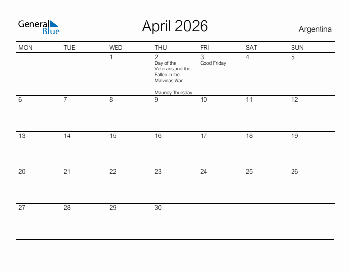 Printable April 2026 Calendar for Argentina