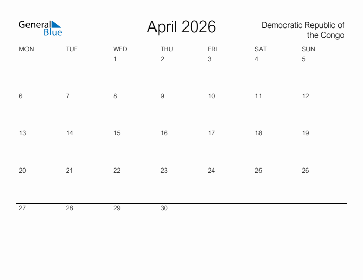 Printable April 2026 Calendar for Democratic Republic of the Congo