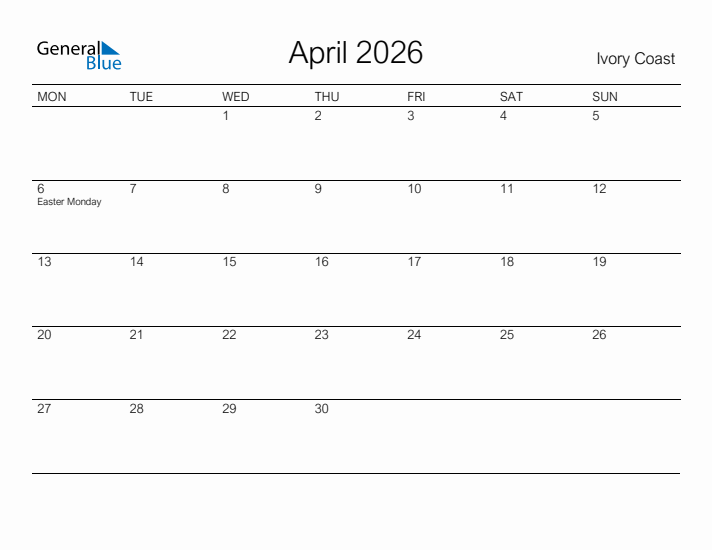 Printable April 2026 Calendar for Ivory Coast
