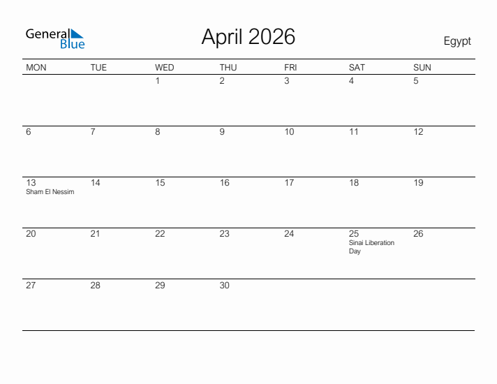 Printable April 2026 Calendar for Egypt