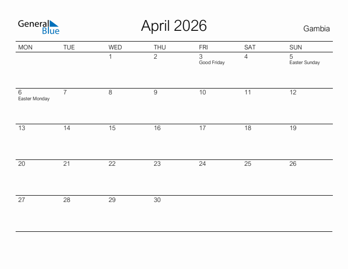 Printable April 2026 Calendar for Gambia
