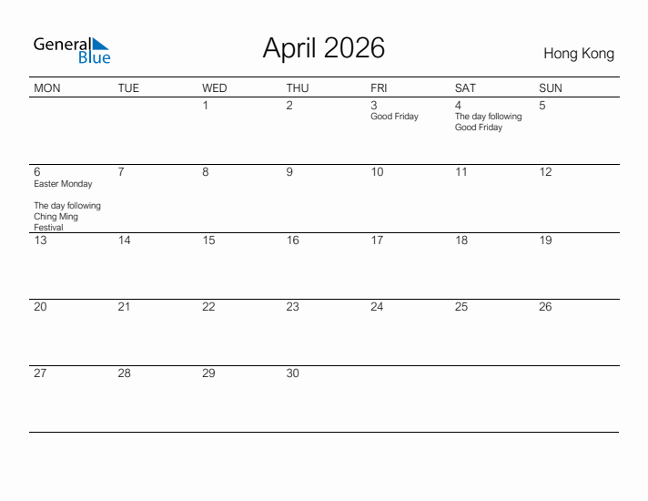 Printable April 2026 Calendar for Hong Kong