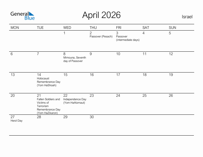 Printable April 2026 Calendar for Israel