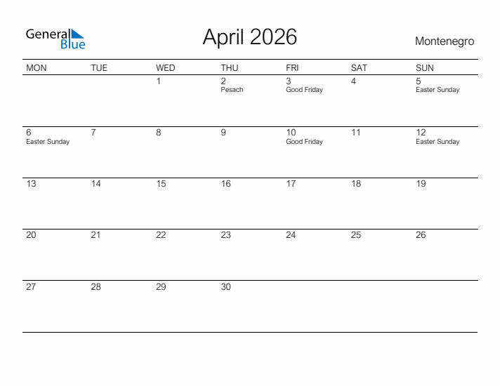 Printable April 2026 Calendar for Montenegro
