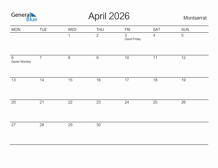 Printable April 2026 Calendar for Montserrat
