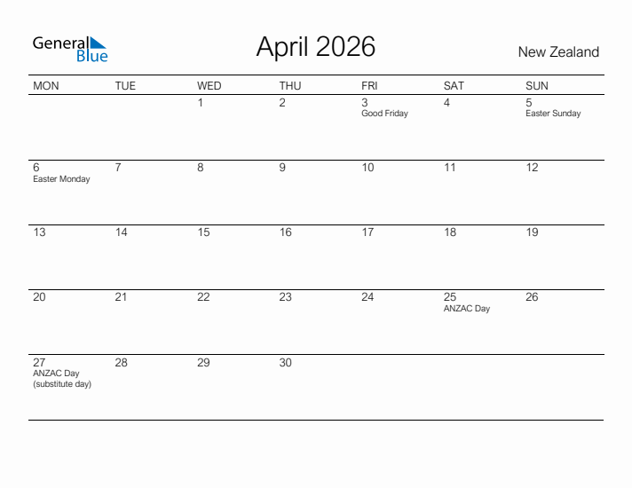 Printable April 2026 Calendar for New Zealand