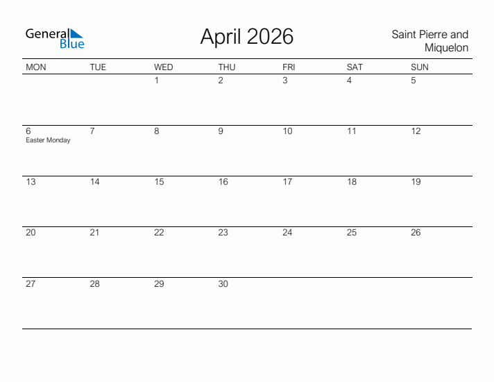 Printable April 2026 Calendar for Saint Pierre and Miquelon