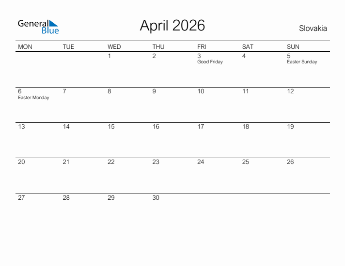 Printable April 2026 Calendar for Slovakia