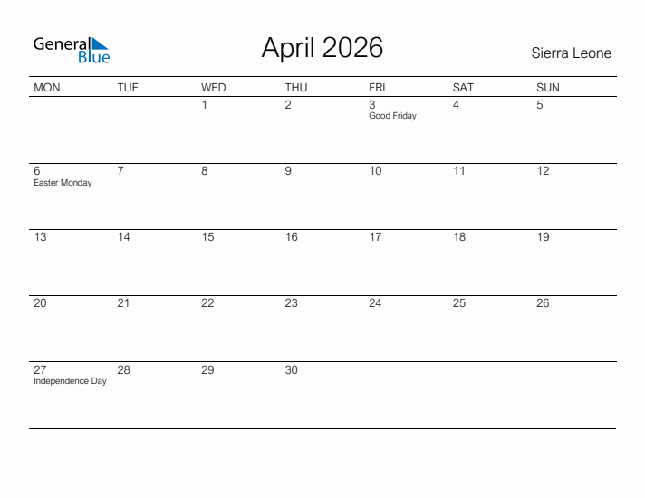 Printable April 2026 Calendar for Sierra Leone