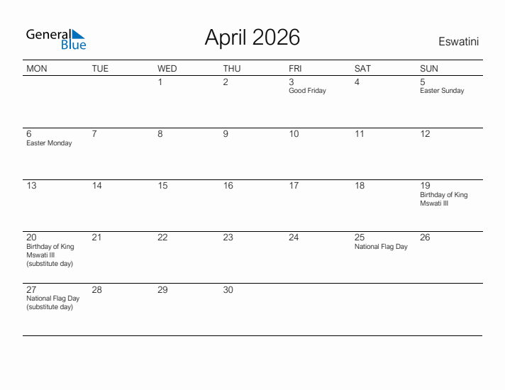 Printable April 2026 Calendar for Eswatini