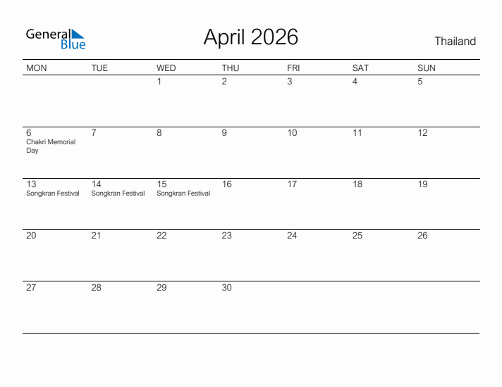 Printable April 2026 Calendar for Thailand