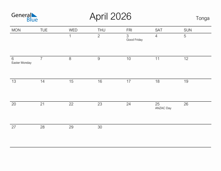 Printable April 2026 Calendar for Tonga