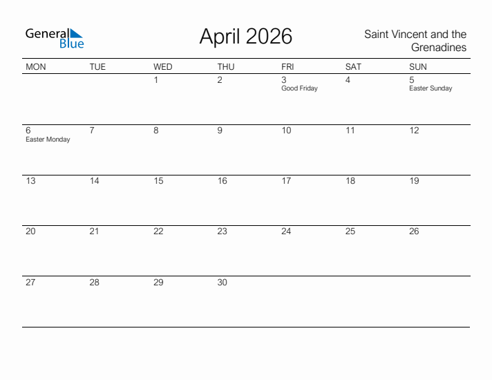 Printable April 2026 Calendar for Saint Vincent and the Grenadines