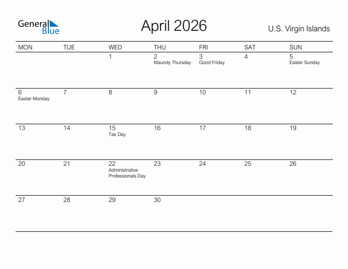 Printable April 2026 Calendar for U.S. Virgin Islands