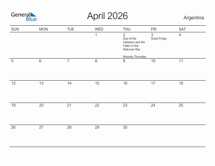 Printable April 2026 Calendar for Argentina