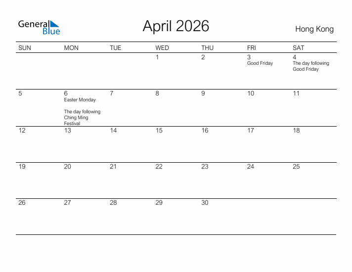 Printable April 2026 Calendar for Hong Kong