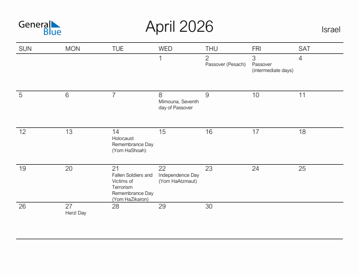 Printable April 2026 Calendar for Israel