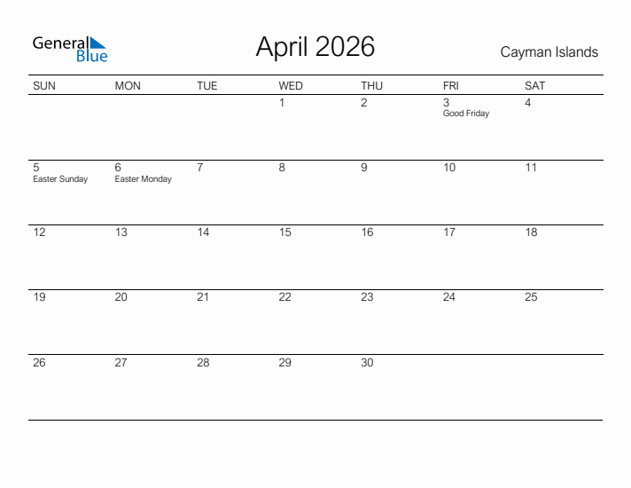 Printable April 2026 Calendar for Cayman Islands