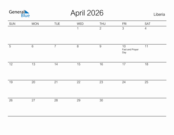 Printable April 2026 Calendar for Liberia