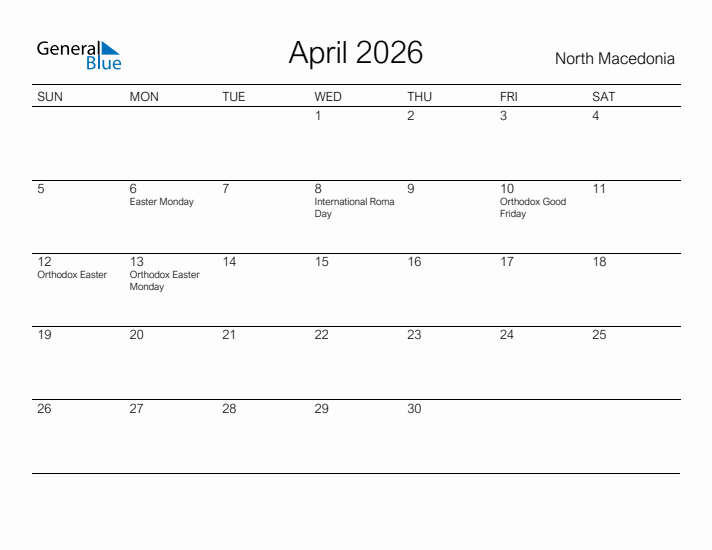 Printable April 2026 Calendar for North Macedonia