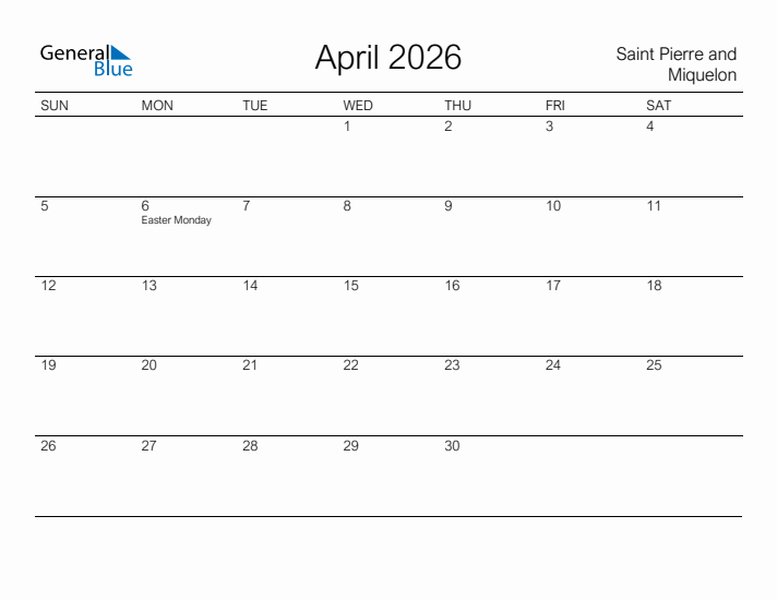 Printable April 2026 Calendar for Saint Pierre and Miquelon