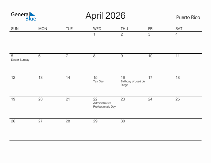 Printable April 2026 Calendar for Puerto Rico