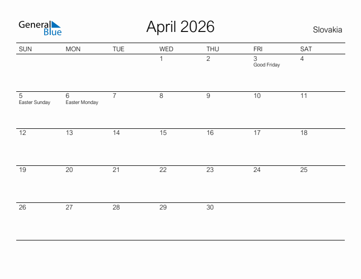 Printable April 2026 Calendar for Slovakia