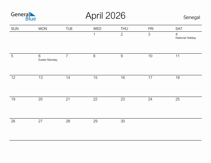 Printable April 2026 Calendar for Senegal