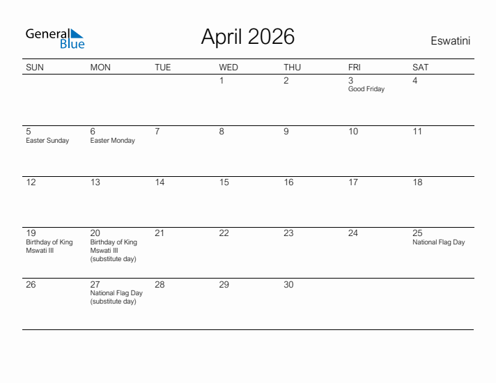 Printable April 2026 Calendar for Eswatini