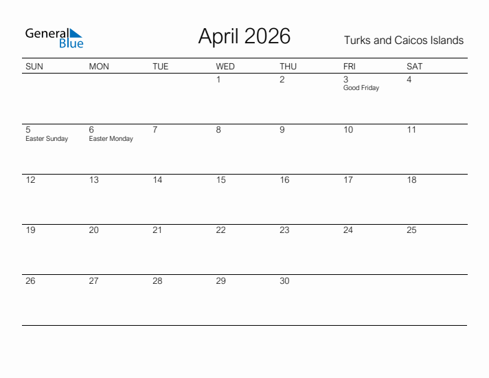Printable April 2026 Calendar for Turks and Caicos Islands