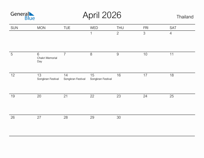Printable April 2026 Calendar for Thailand